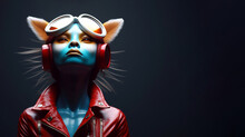 Hyper Realistic Portrait Of An Anthropomorphic Lady Cat Animal Woman In Stylish Red Biker Jacket. Pop Art Style With A Futuristic Twist Concept