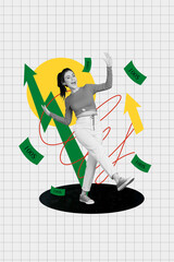 Poster - Poster collage sketch image of happy cheerful girl celebrating financial improving profit income isolated on paper drawing background