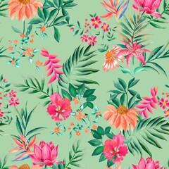  Watercolor flowers pattern, pink nad orange tropical elements, green leaves, green background, seamless