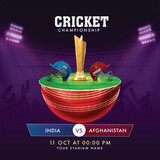 Fototapeta Sport - Cricket Championship Concept with Golden Winning Trophy, Two Attire Helmets of Participating Team India VS Afghanistan on Half Ball Against Purple Background.