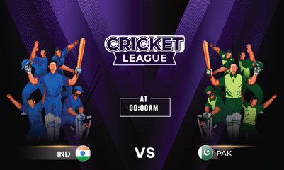 Wall Mural - Cricket League Concept with Faceless Cricket Players Team of Participating India VS Pakistan on Purple Geometric Abstract Background.