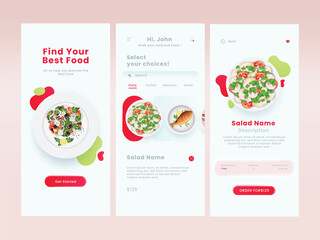 Wall Mural - online food order mobile app ui including as login, choice dishes, description screen against pink b