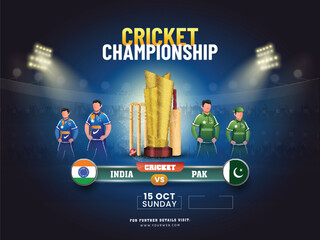 Wall Mural - Cricket Championship Poster Design with Golden Winning Trophy and Faceless Cricket Players of Participating Team India VS Pakistan on Blue Stadium Background.