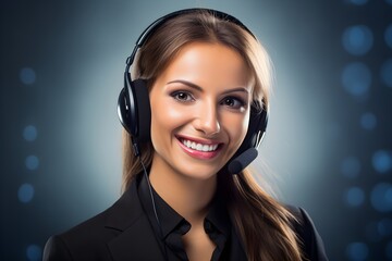 Wall Mural - A lively saleswoman is captured mid-discussion with a potential client in a call center. 
She is wearing a headset, and her expression is dynamic and focused on customer service.