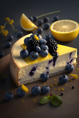 Poster - cake with berries, lemon pie, dessert, closeup, breakfast, restaurant,