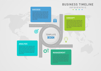 Wall Mural - 4 step business planning infographic The gray circular road in the center has buttons and letters inside. A square frame with letters in the center outside. Map below with a gray gradient background.