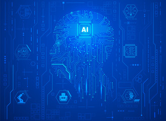 Poster - Circuit board CPU chip with AI smart brain big data processing futuristic technology. Artificial intelligence micro processor unit storage database vector concept background.