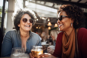 a photo of three diverse middle-aged mature women in modern stylish clothes sitting at the cafe smiling, mature friendship representation. Generative AI technology