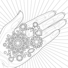 Wall Mural - Jewelry and gems in the palm of your hand.Coloring page antistress for children and adults. Illustration isolated on white background.Zen-tangle style. 