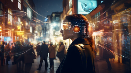 a concept of artificial intelligence technology integration into human life: a female with a cyber glasses overlay over her eyes, urban setting. Generative AI technology