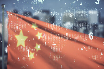 Wall Mural - Double exposure of abstract programming language hologram and world map on flag of China and blurry skyscrapers background, research and development concept