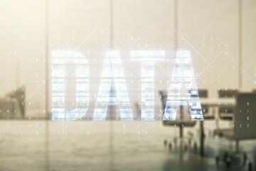 Wall Mural - data word hologram on a modern boardroom background, big data and blockchain concept. multiexposure