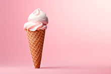Ice Cream In A Waffle Cup On A Pink Background. Minimalism.