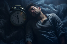 man with clock having sleep problems