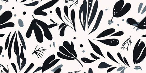 Hand drawn simple black and white abstract floral print. Modern collage pattern. Fashionable template for design