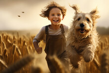 Boy And His Dog Running In The Wheat Field