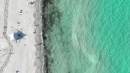 Poster - Coast as a background from top view.  Waves and beach. Aerial landscape. Azure water background from drone. Summer seascape from air. Vacation time.