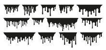 Dripping Oil Stain. Cartoon Sweet Syrup Splatter On Paper, Dripping Chocolate And Caramel Silhouettes, Dribble Liquid Paint On Paper. Vector Isolated Set. Frame Border With Flowing Black Ink