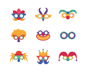 Sticker - Cartoon Color Different Glasses Carnival Purim Icon Set Tradition Party Celebration Concept Flat Design Style. Vector illustration