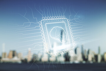 Wall Mural - virtual creative artificial intelligence hologram with human brain sketch on blurry skyscrapers back