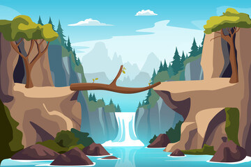 Sticker - Cartoon Color Log Bridge Landscape Scene Adventure, Travel and Tourism Concept Flat Design Style. Vector illustration