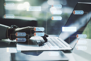 Abstract creative coding concept with hands typing on laptop on background. Multiexposure
