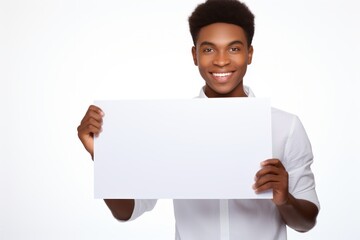 a handsome black man holding a blank placard sign poster paper in his hands. empty space for editing and ads. isolated on white background. Generative AI