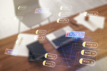 Wall Mural - double exposure of abstract programming language and modern desktop with laptop on background, resea