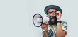 © San4ezz007 - Funny portrait of an emotional hipster guy with a megaphone. Collage in magazine style. Flyer with trendy colors, advertising copy space. Discount, sale season. Information concept. Attention news!