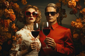 A man and a woman in red sunglasses are holding glasses of red wine.  Collage in autumn colors