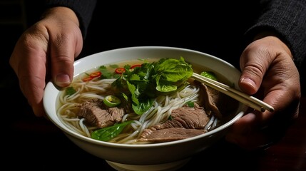 Asian man's hands with a bowl of soup fo bo