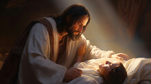 A Breathtaking Image Of Jesus, With A Gentle Touch Healing The Sick And Infirm, Showcasing His Divine Power Generative AI