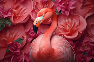 Wall Mural - Flamingo and tropical nature flower background. Generative ai.