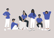 A group of young diverse characters gathered together, blue casual attire and candid poses