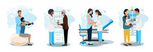 Doctor And Patient Vector Illustration Set. A Patient For Rehabilitation, Limb Prosthetics, In A Pharmacy, A Child At A Pediatrician, A Pregnant Woman At A Gynecologist. Thank You Doctors And Nurses.