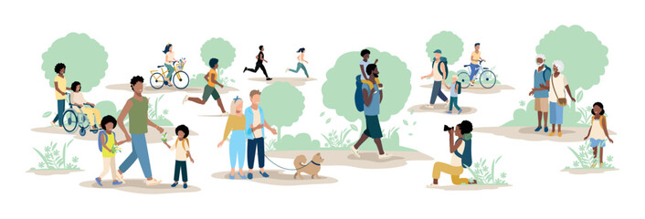 people of different ages and nationalities on a walk in the park. families with children, old and yo
