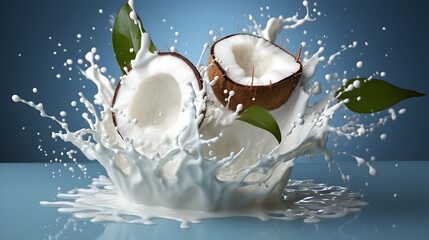 Poster - a coconut with milk splashing Generative AI