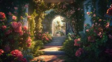 Entrance To A Garden With Roses. Created With Generative AI.