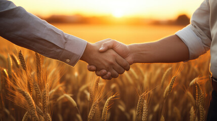 two farmers shake hands in front of a wheat field.