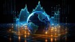 © WS Studio 1985 - Planet Earth with a glowing display of financial investment data. Graph the stock market with ascending candlesticks., with generative ai