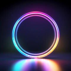 3d render, abstract geometric background with neon frame glowing with gradient light in the dark. Blank center.