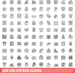 Sticker - 100 volunteer icons set. Outline illustration of 100 volunteer icons vector set isolated on white background