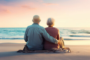 Wall Mural - An elderly couple on the beach during sunset