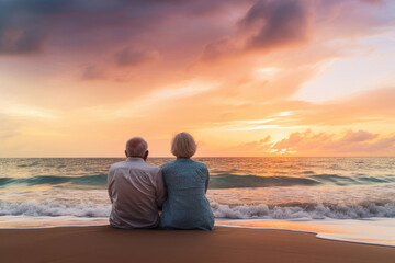 Wall Mural - An elderly couple on the beach during sunset