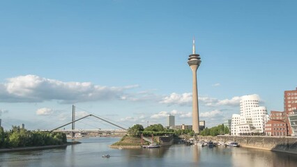 Wall Mural - Dusseldorf (Düsseldorf) Germany time lapse 4K, city skyline timelapse at Rhine River with Rhine Tower (Rheinturm)