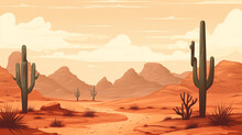 An Illustration Of A Dry Desert With Only A Few Types Of Plants Such As Cactus. Hot And Dry Weather. There Is An Off-road Route.
