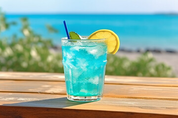 Blue hawaii juice soda cocktail on wooden table on beach background.Generative Ai.