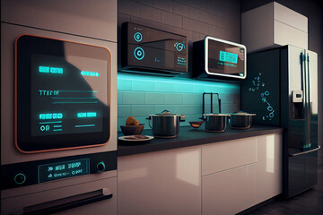 The kitchen of the future with many smart appliances and units with digital displays.