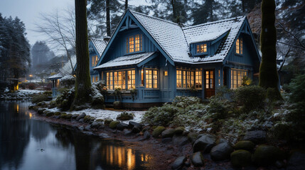 a blue house in a winter scene with snow