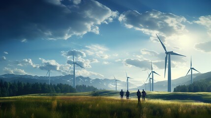 Wall Mural - Wide perspective of wind turbine engineers walking with coworker in wind farms with generative ai